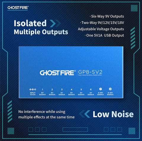 Image of blue eight-channel isolated pedal power supply with 9V, 12V, 15V, 18V outputs and 5V USB, showcasing low noise.