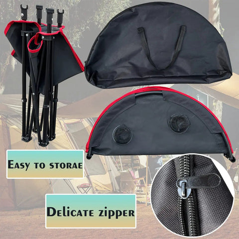 Two Tier Folding Camping Table With Carry Bag And Four Cup Holders in folded state, with carry bag and zipper detail shown.