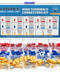 14 Size Insulated Ring Terminal Kit With Stud Sizes One Quarter And Five Sixteenths, Copper Tin Plated Eyelet Terminals visible in box