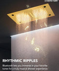 Premium Stainless Steel Ceiling Mount Top Tier Overhead Shower System Featuring Vibrant Led Mood Lights And Integrated Bluetooth Speaker For A Smooth Game Changing Chill Experience In Brushed Gold Finish with glowing shower head and music notes.