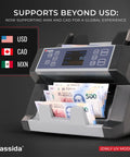 Heavy Duty Business Money Counter With Top Loading Cash Handling Machine Featuring Quick Batch Mode And Slick Counterfeit Detection For Hustle Ready Operations And Zero Hassle Retail Accounting displaying cash in USD, CAD, MXN with digital counting screen.
