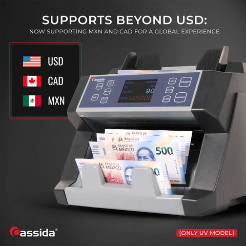 Heavy Duty Business Money Counter With Top Loading Cash Handling Machine Featuring Quick Batch Mode And Slick Counterfeit Detection For Hustle Ready Operations And Zero Hassle Retail Accounting displaying cash in USD, CAD, MXN with digital counting screen.