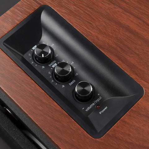 Close-up of control panel on R1700BTs Wireless Bluetooth Bookshelf Speakers With AptX HD And Sub Output 2.0 Studio Monitors