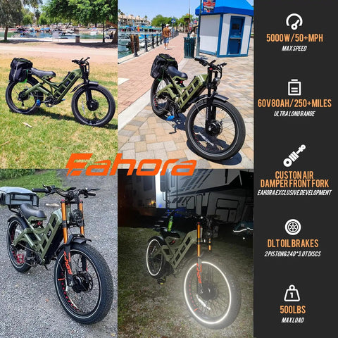 Rugged Badass Full Suspension Electric Bike For Adults With High Output Dual Motors And Massive 60V Battery crushing fifty mph peak speed, shown in multiple outdoor settings.