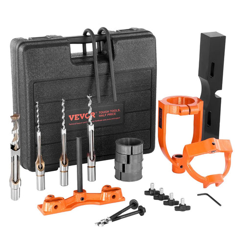 Heavy Duty Drill Press Mortising Attachment With Square Hole Chisel Set And Five Precision Bushings For Woodworkers, kit with drills and bushings.