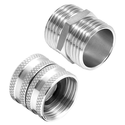 Four Pack Garden Hose Adapters Kit Three Quarter Inch Stainless Steel Double Male and Double Female Swivel Connectors With Washers For Leak Free Water Hose Setup, two adapters