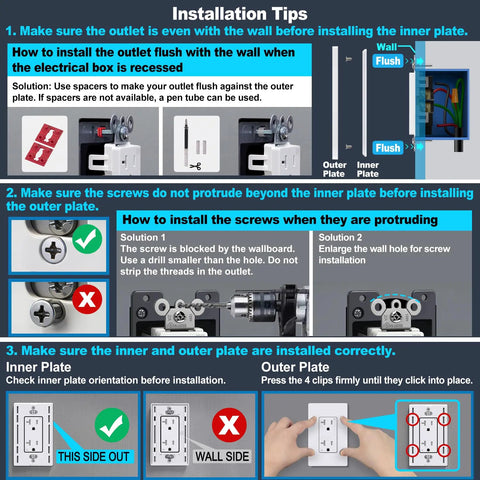 Installation tips for 10 Pack 20 Amp Receptacle Outlet With Tamper Resistant Design And Screwless Wall Plate Included UL Listed 125V 2500W White