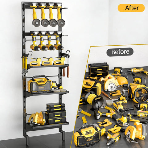 Five Tier Vertical Wall Mount Tool Storage Rack For Garage Heavy Duty Metal Organizer With Eight Drill Holder Slots Adjustable Shelves Side Hooks Space Saving Workshop Utility fully loaded with tools