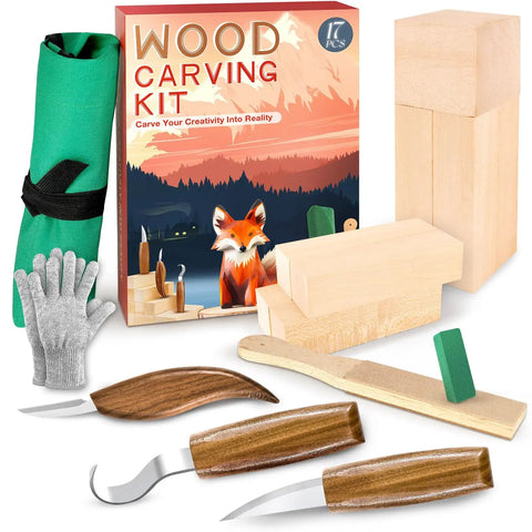 Beginner Friendly Wood Carving Set With 17 Tools Includes 3 Whittling Knives, 9 Basswood Blocks, Safety Gloves, Leather Strop Block