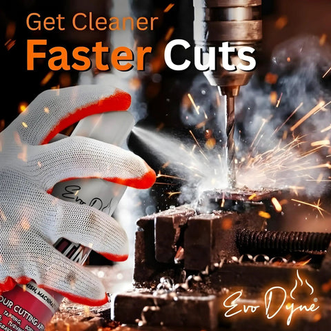 Close-up of gloved hand using Two Pack Gearhead Approved Pro Grade Cutting Oil Fluid for drilling in metal with sparks