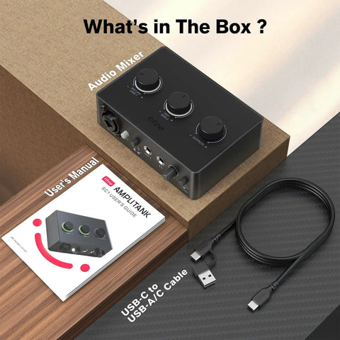 PC Audio Mixer USB Interface For Streaming And Podcasting With XLR And Instrument Inputs 48V Phantom Power Gain Knob and cables