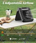 10.2 Inch Solar Camping Fan With Light Rechargeable Battery on a picnic table showing airflow settings and cookies.