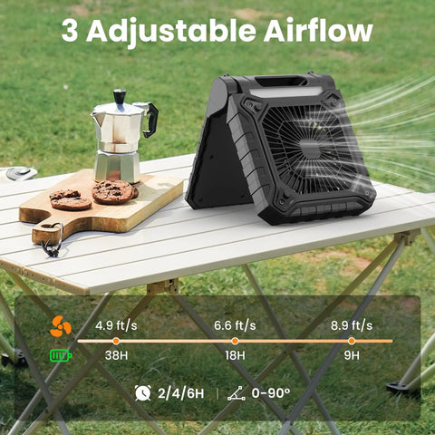 10.2 Inch Solar Camping Fan With Light Rechargeable Battery on a picnic table showing airflow settings and cookies.