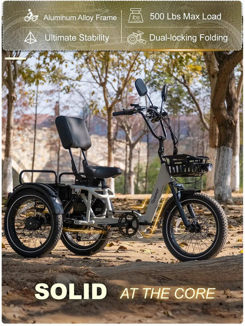 Full Suspension Folding Electric Tricycle For Adults With 1200W 48V 20Ah Power, 20 MPH Top Speed, 100 Mile Range, 20x3 Fat Tires, Reverse, Parking, Differential, White, Premium Seat And Rear Storage Box For A Beast Ride. White folding electric trike with aluminum frame and rear cargo box.