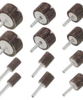 Heavy Duty 12 Pieces Flap Wheel Sanding Bits With Cylindrical Brown Metallic Design For Drill Press And Die Grinder Polisher To Smash Rust And Smooth All Surfaces Like A Boss Today, arranged for display.