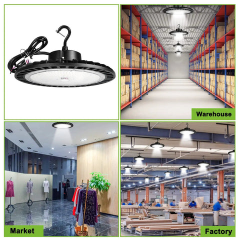 Industrial 200W LED High Bay Light 5000K Bright 15000LM Dimmable 1-10V Shop Light With US Plug Hook ETL Listed Three Pack