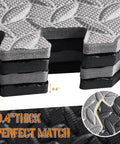 Close-up of 0.4 inch thick interlocking EVA foam floor tiles showing texture and thickness measurement