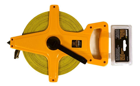 Pro Grade Fiberglass Long Tape Measure 200 Feet With Metric And Inch Readouts bright yellow with handle and reel