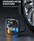 Portable 12V Digital Tire Inflator With Auto Shutoff, Real Time Pressure Display, 150 PSI, next to car tire