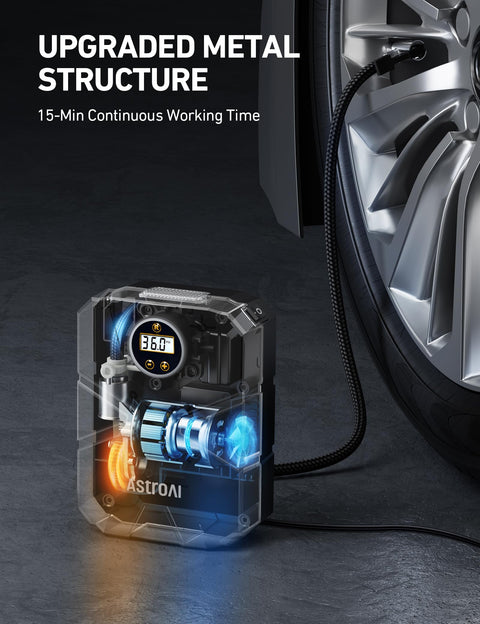 Portable 12V Digital Tire Inflator With Auto Shutoff, Real Time Pressure Display, 150 PSI, next to car tire