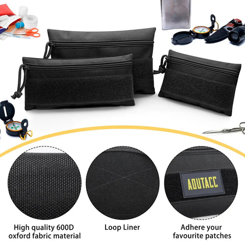 Top Shelf Black 3 Pack Tactical Zipper Pouches Featuring Secure Hook And Loop Panel For Tactical Vest Chest Rig Admin Mod Gear Tool Storage And Day One Ready Essentials Waterproof, showcasing waterproof 600D oxford material.