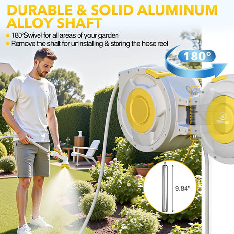 Man using Retractable Garden Hose Reel With Wall Mount, Heavy Duty Five Eighth Inch Hybrid Hose, Lock At Any Length, 180 Degree Swivel