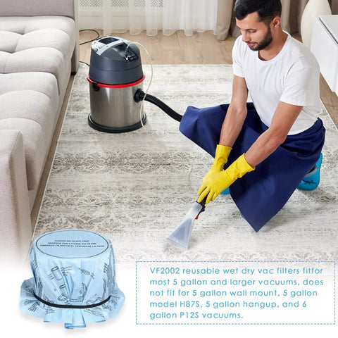 Person using VF2002 wet dry vac filter on carpet, 10 Pack VF2002 Wet Dry Vacuum Filter Discs for Shop Vac 5 Gallon and Larger