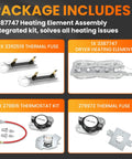 Dryer Heating Element Replacement for Kenmore Whirlpool Maytag Fits 3387747 with fuses and thermostat kit components shown.