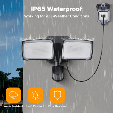 Plug In Motion Sensor Outdoor Light With 2500 Lumen Daylight Output, IP65 Waterproof Dual Head Fixture For Garages And Patios. Zero Hassle Wiring Brings Hella Bright Security Illumination Exactly Where You Need It.