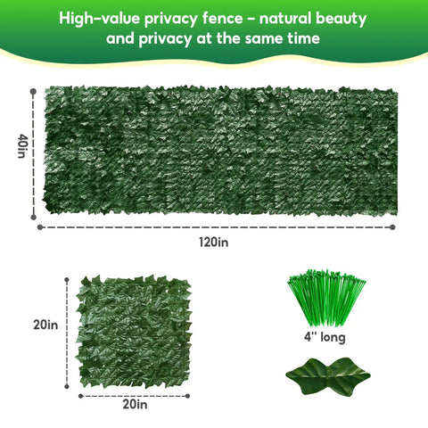 Artificial Ivy Privacy Fence Screen 120x40 Inch Faux Hedge Wall with panel and tie details