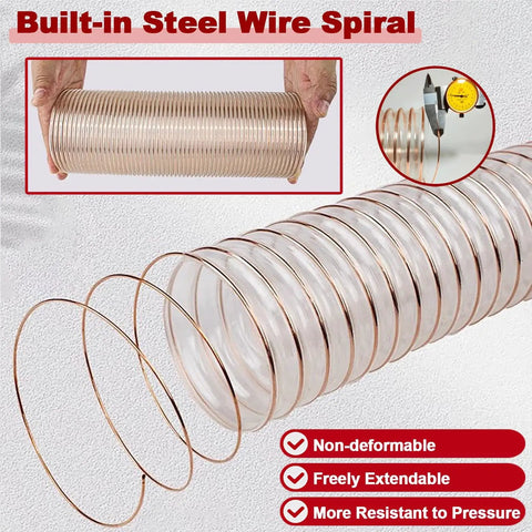 Flexible Dust Collection Hose 45mm One Point Eight Inch Clear Extraction Pipe showcasing built-in steel wire spiral