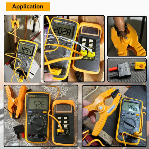 Banana plug adapter for K-type thermocouple; yellow test leads with digital clamp meter accessories