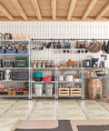 Heavy Duty Badass 5 Tier Chrome Wire Shelving Rack in a kitchen setup displaying organized storage and cooking supplies.