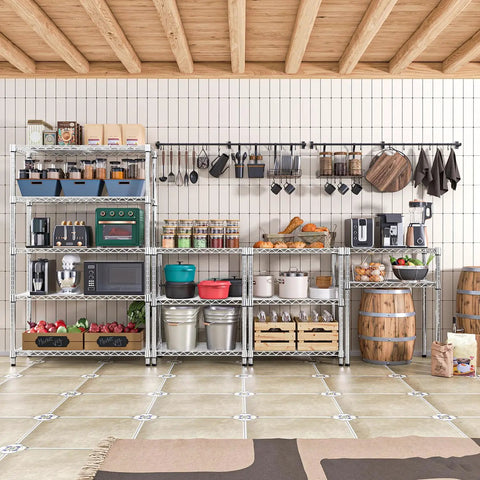 Heavy Duty Badass 5 Tier Chrome Wire Shelving Rack in a kitchen setup displaying organized storage and cooking supplies.