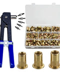 Complete 440-Pc Metric Rivet Nut Tool Kit With Heavy Duty Hand Gun For Auto Repair, Sheet Metal Work, Furniture Assembly And Diy Projects Featuring Interchangeable M3 M4 M5 M6 M8 Mandrels. Metric rivet nut hand gun with brass inserts and storage case