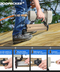 Person using Beast Heavy Duty Pneumatic Concrete T Nailer for 14 Gauge Nails Three Quarters to Two and a Half Inches on deck