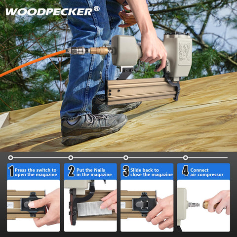 Person using Beast Heavy Duty Pneumatic Concrete T Nailer for 14 Gauge Nails Three Quarters to Two and a Half Inches on deck