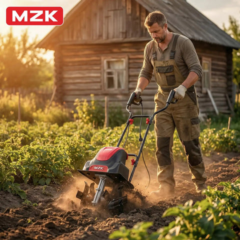 Man using Beast Corded Electric Tiller with 12 inch cutting width and 8 inch till depth in a vegetable garden