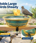 Weatherproof Deck Mounted Bird Bath And Feeder With Easy Clamp On For Railings Fences Or Balconies 1.45 Gallons Durable ABS Construction In Green for year round use, shown with bird perched on edge.