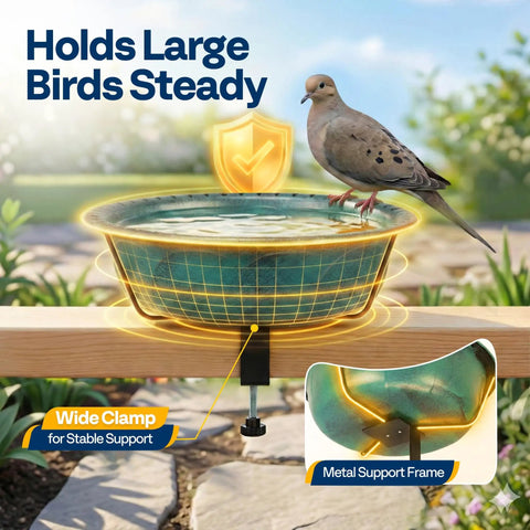 Weatherproof Deck Mounted Bird Bath And Feeder With Easy Clamp On For Railings Fences Or Balconies 1.45 Gallons Durable ABS Construction In Green for year round use, shown with bird perched on edge.