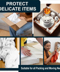 Collage of 13 By 12 Inch White Packing Paper Sheets, 100 Count, for shipping and moving fragile items like mugs and ornaments.