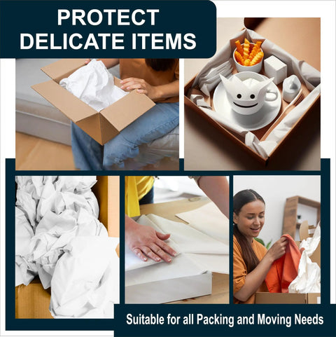 Collage of 13 By 12 Inch White Packing Paper Sheets, 100 Count, for shipping and moving fragile items like mugs and ornaments.