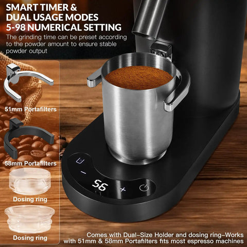 Cordless Coffee Grinder Featuring Rechargeable Conical Burr Mill And Sixty Precision Settings For Super Smooth Brewing On The Fly with stainless steel portafilter and digital display.