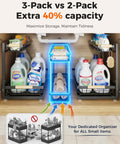 Image comparing storage capacity of 3-Pack vs 2-Pack under sink organizer; shows adjustable black metal racks for cleaning supplies.