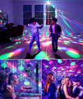 Lit Party Lights Sound Activated DJ Disco Light With 3 In 1 RGB Ball Effects And 7 Color Wash illuminating a party scene.