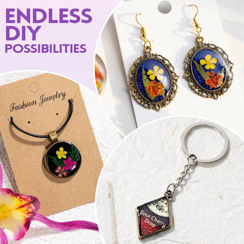 Earrings, necklace, and keychain from Ultimate UV Resin Jewelry Kit With 250g Clear Resin And Upgraded Light 153Pcs DIY Set.