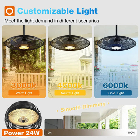 Outdoor Ceiling Fan With Light For Patios And Pergolas 24 Inch Black IP65 showing customizable light settings and dimming options