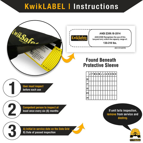 KwikLABEL instructions showing how to inspect the Two Pack External Shock Absorber Double Leg 6ft Safety Lanyard with OSHA ANSI compliance.