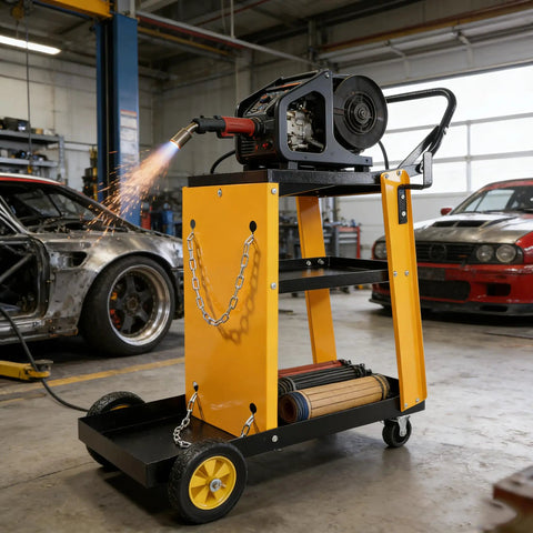 Heavy Duty Multi-Function Welder Trolley For Mig Tig Arc Plasma Cutter With Four Drawer Chest And Safety Chains Moves Effortlessly Across Workshop Floors No Sweat in workshop with tools.