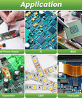Applications of Pro Grade Lead-Free Solder Paste SAC0307 Sn99 Ag0.3 Cu0.7 for PCB repair, ICs, BGA, capacitors, LEDs, and flat cables.